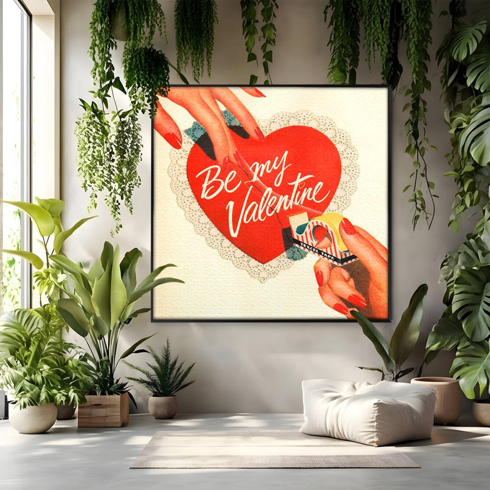 Tablou canvas cu ilustratie retro cu maini si inima, in rama de aluminiu negru